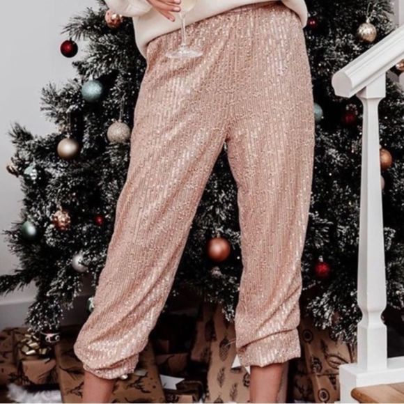 Anthropologie Pants - Anthropology festive pink sparkle holiday pants in rose gold size SP
